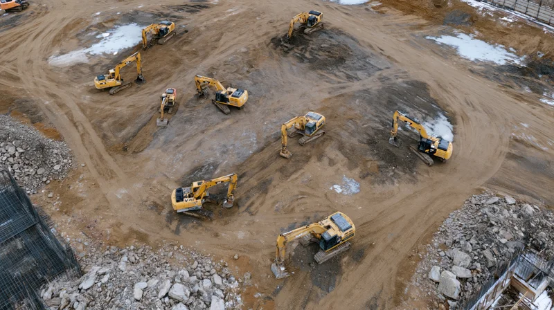 Aerial top-down view of multiple yellow excavators operating on a muddy construction site with snow patches and debris piles
