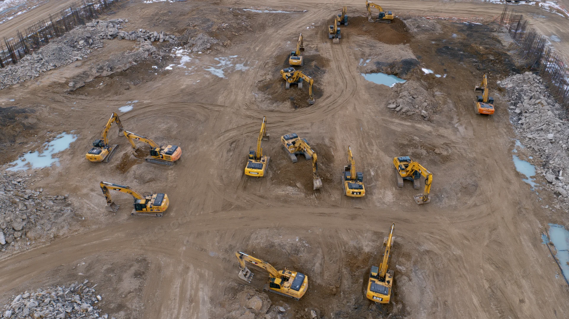 Aerial top-down view of multiple excavators operating on a muddy construction site with tire tracks and debris piles