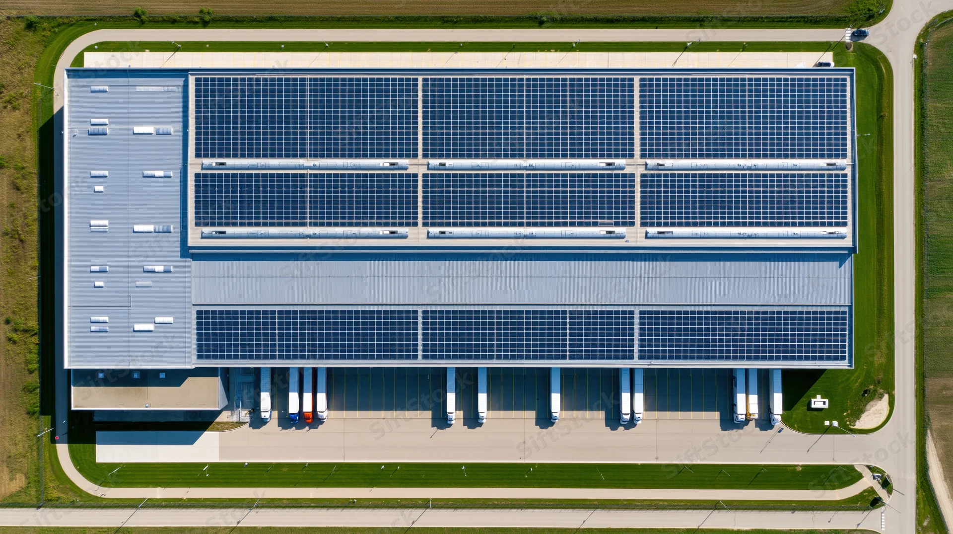 Aerial top-down view of a large logistics distribution warehouse with solar panels on the rooftop