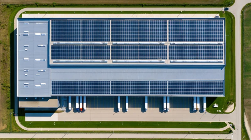 Aerial top-down view of a large logistics distribution warehouse with solar panels on the rooftop