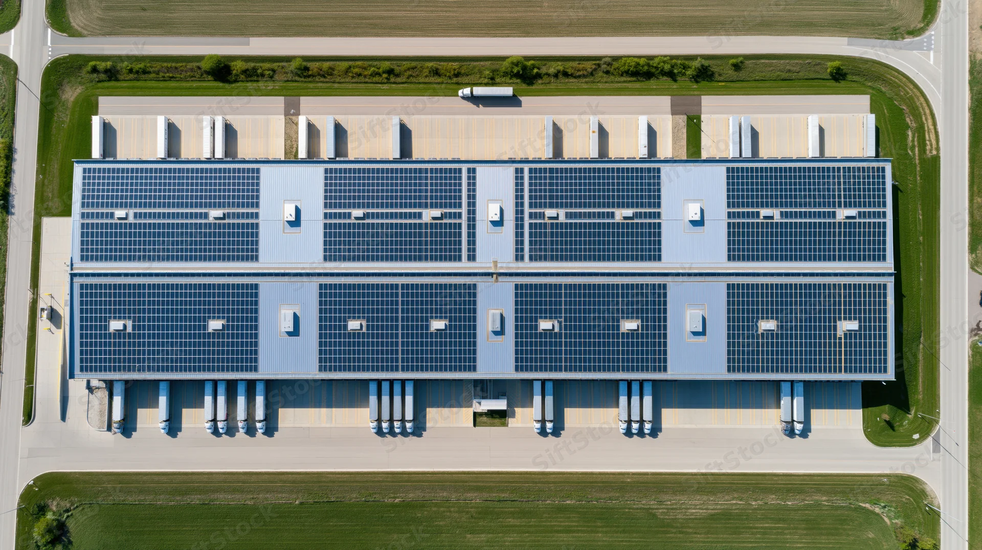 Aerial top-down view of a large logistics warehouse with solar panels on the roof and trucks at loading docks