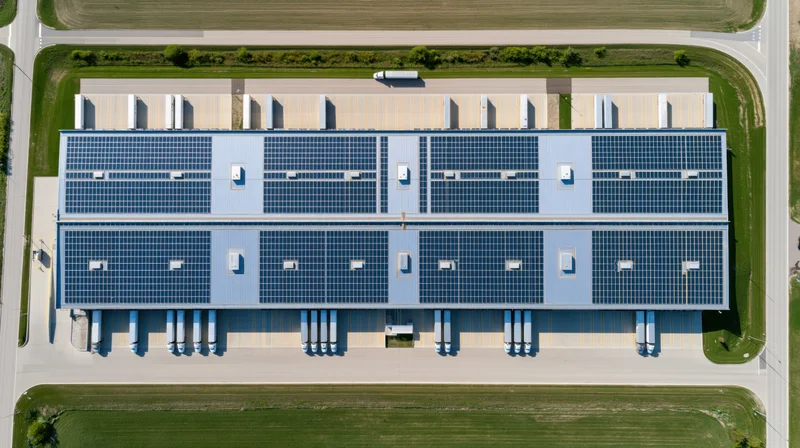 Aerial top-down view of a large logistics warehouse with solar panels on the roof and trucks at loading docks