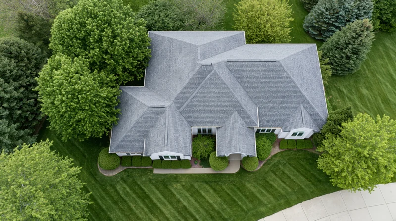 Aerial top-down view of a large suburban house with gray shingled roof surrounded by green lawn and trees