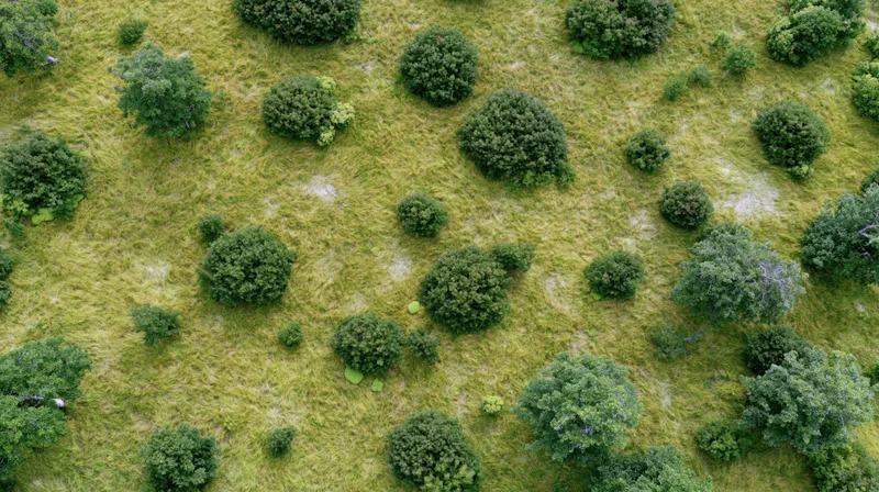 Aerial top-down view of a grassy field with scattered trees and shrubs