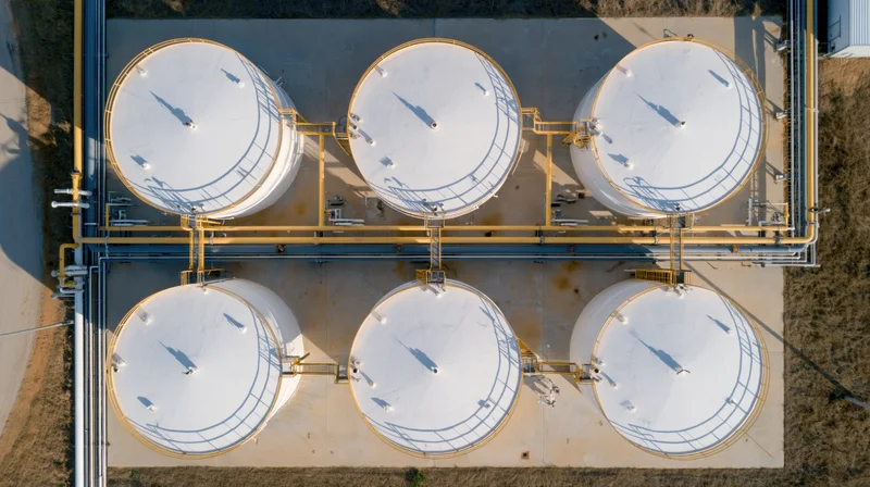 Aerial top-down view of six large white storage tanks arranged in two rows at an industrial facility with connecting pipes and valves
