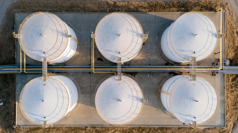 Aerial top-down view of six large white storage tanks arranged in two rows on a concrete foundation with connecting pipelines and access ladders