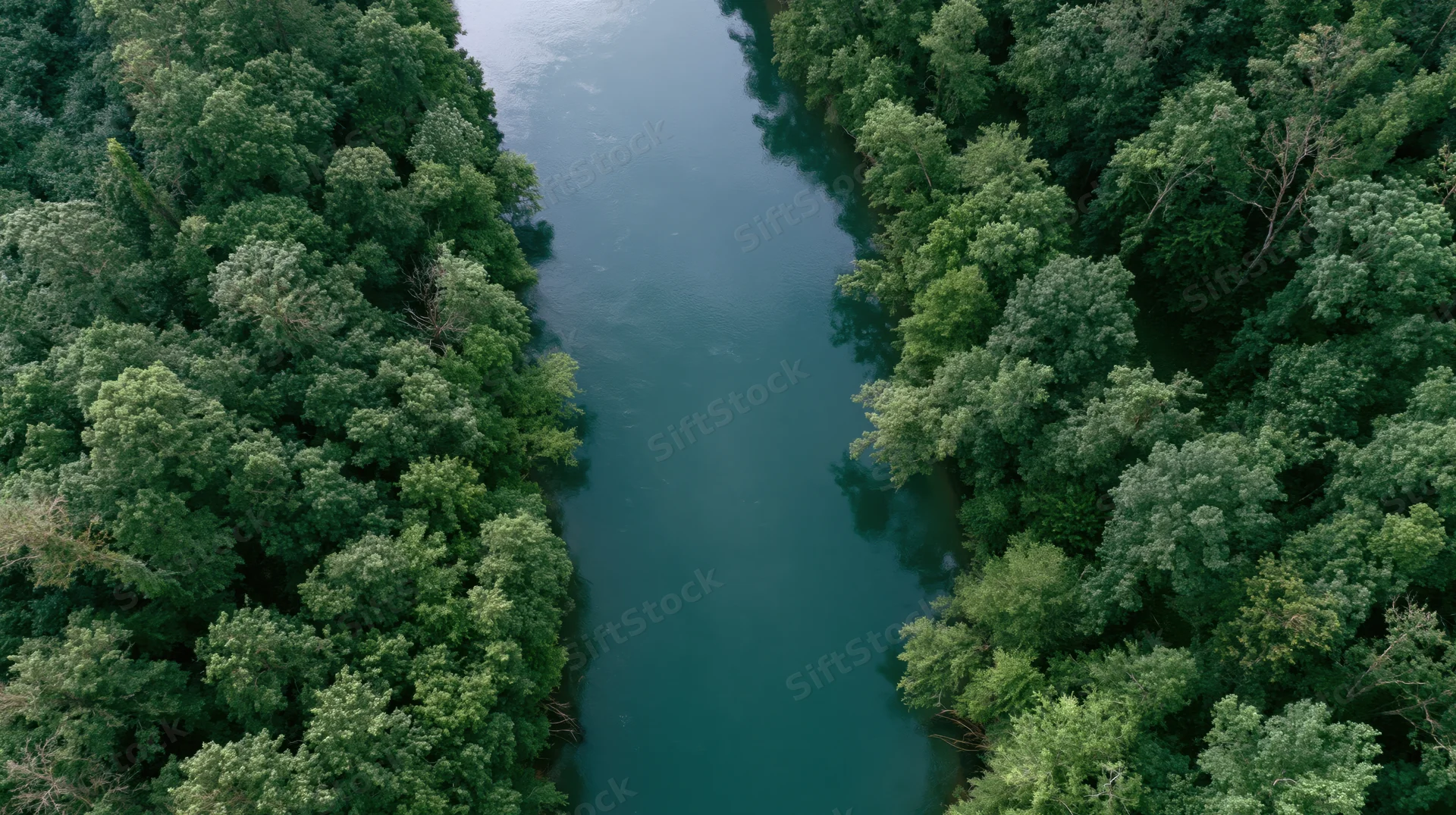 Aerial top-down view of a calm river winding through dense green forest
