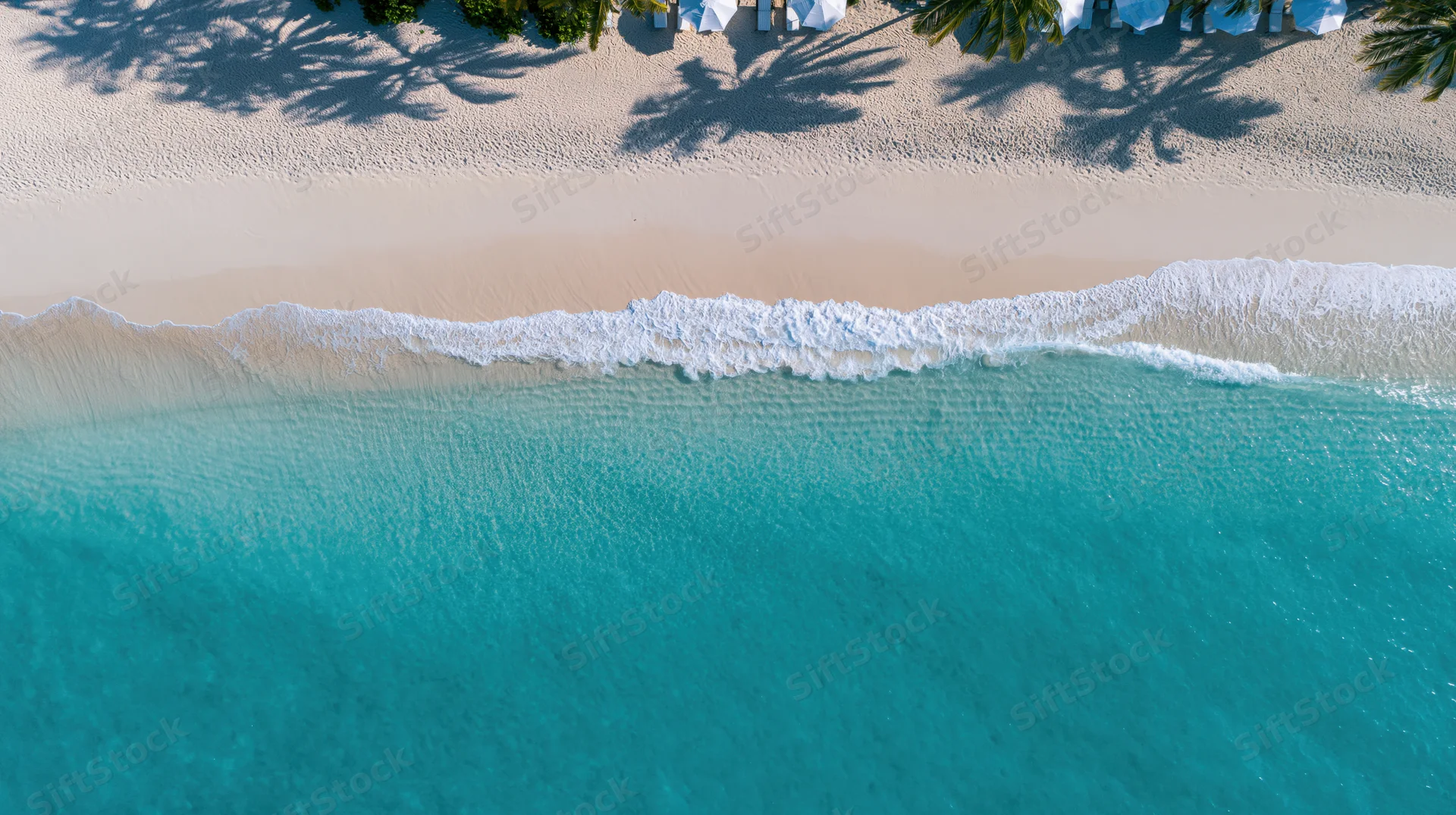 Aerial top-down view of calm turquoise ocean waves meeting white sandy beach lined with palm trees and umbrellas
