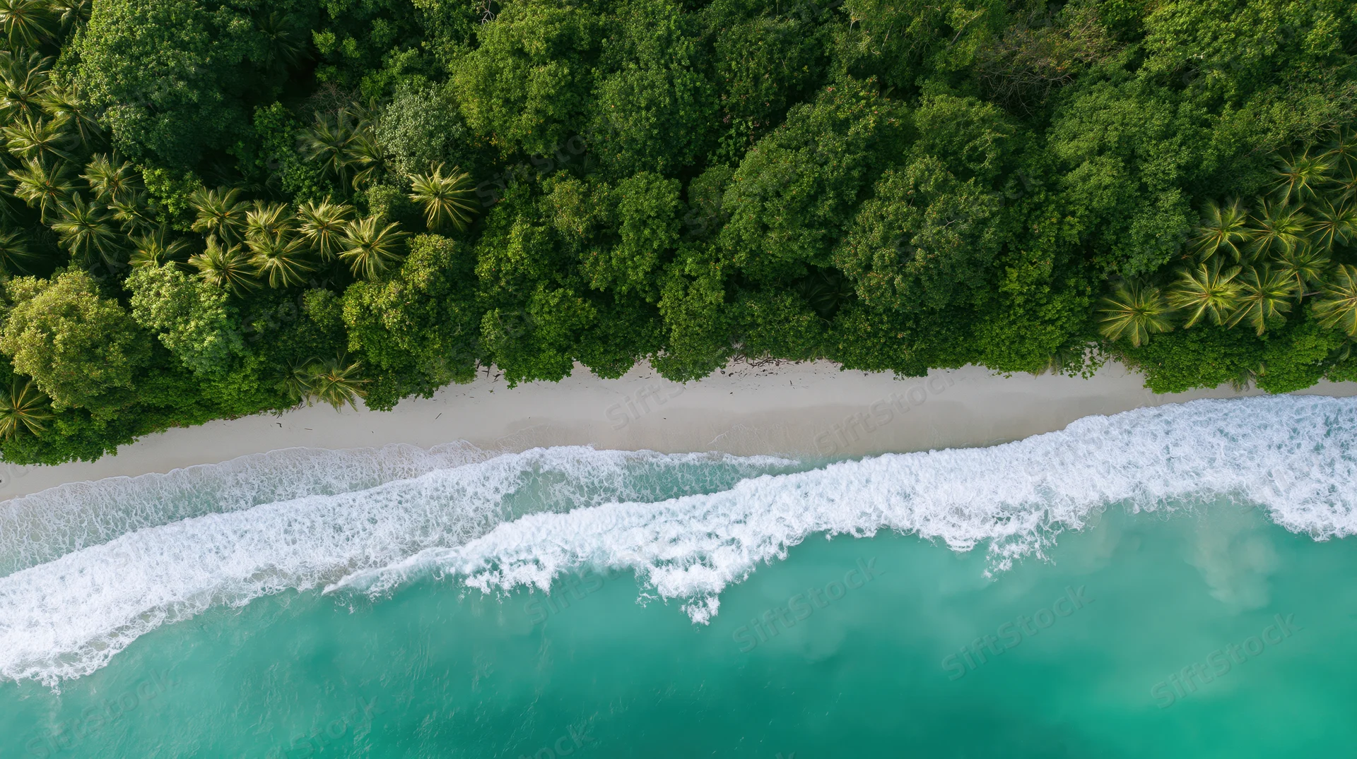 Aerial top-down view of a tropical beach with white sand, turquoise ocean waves, and dense green palm forest bordering the shore