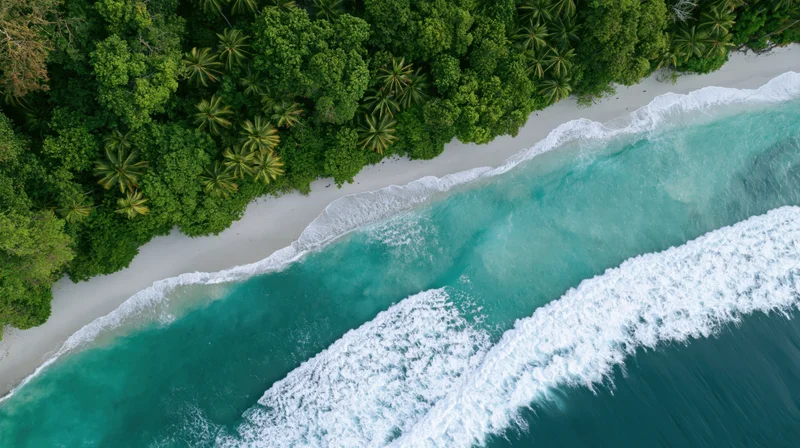 Aerial top-down view of a deserted tropical beach with white sand, turquoise waves, and dense palm tree forest along the coastline