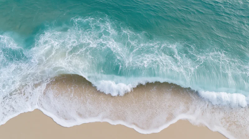 Aerial top-down view of a gentle ocean wave breaking on sandy beach