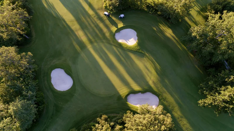 Aerial view of a golf course green with sand traps and trees surrounded by mowed grass and sunlight casting long shadows