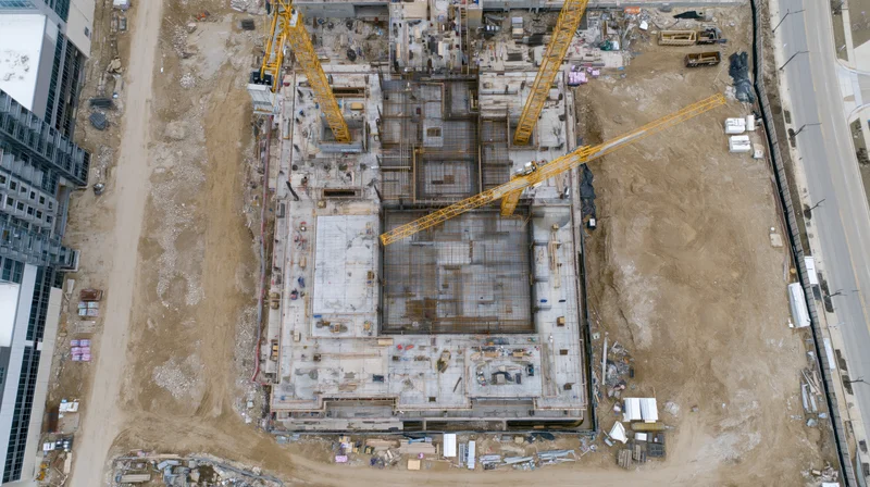 Aerial top-down view of urban construction site with cranes and foundation work