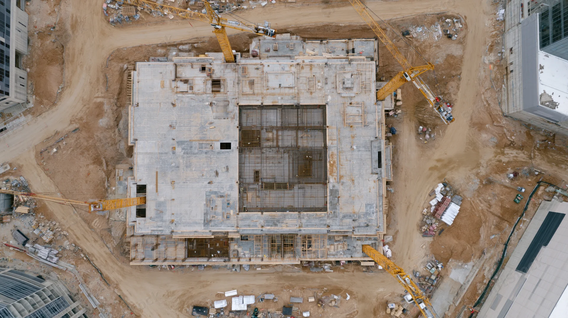 Aerial top-down view of a large urban construction site with cranes and concrete foundation