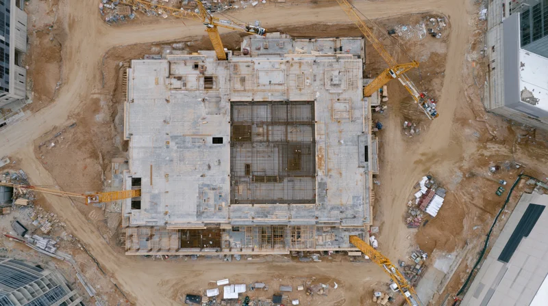 Aerial top-down view of a large urban construction site with cranes and concrete foundation
