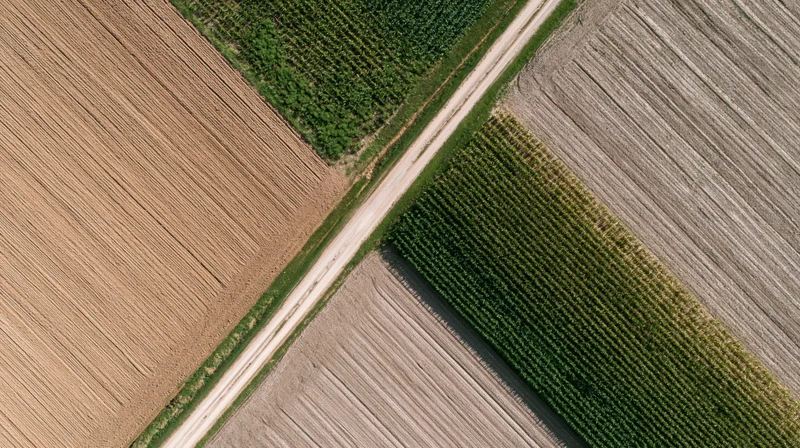 Aerial top-down view of a narrow dirt road cutting through cultivated fields and corn crops in a rural farmland landscape