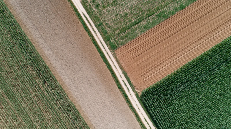 Aerial top-down view of a narrow dirt road cutting through farmland with plowed fields and green crops