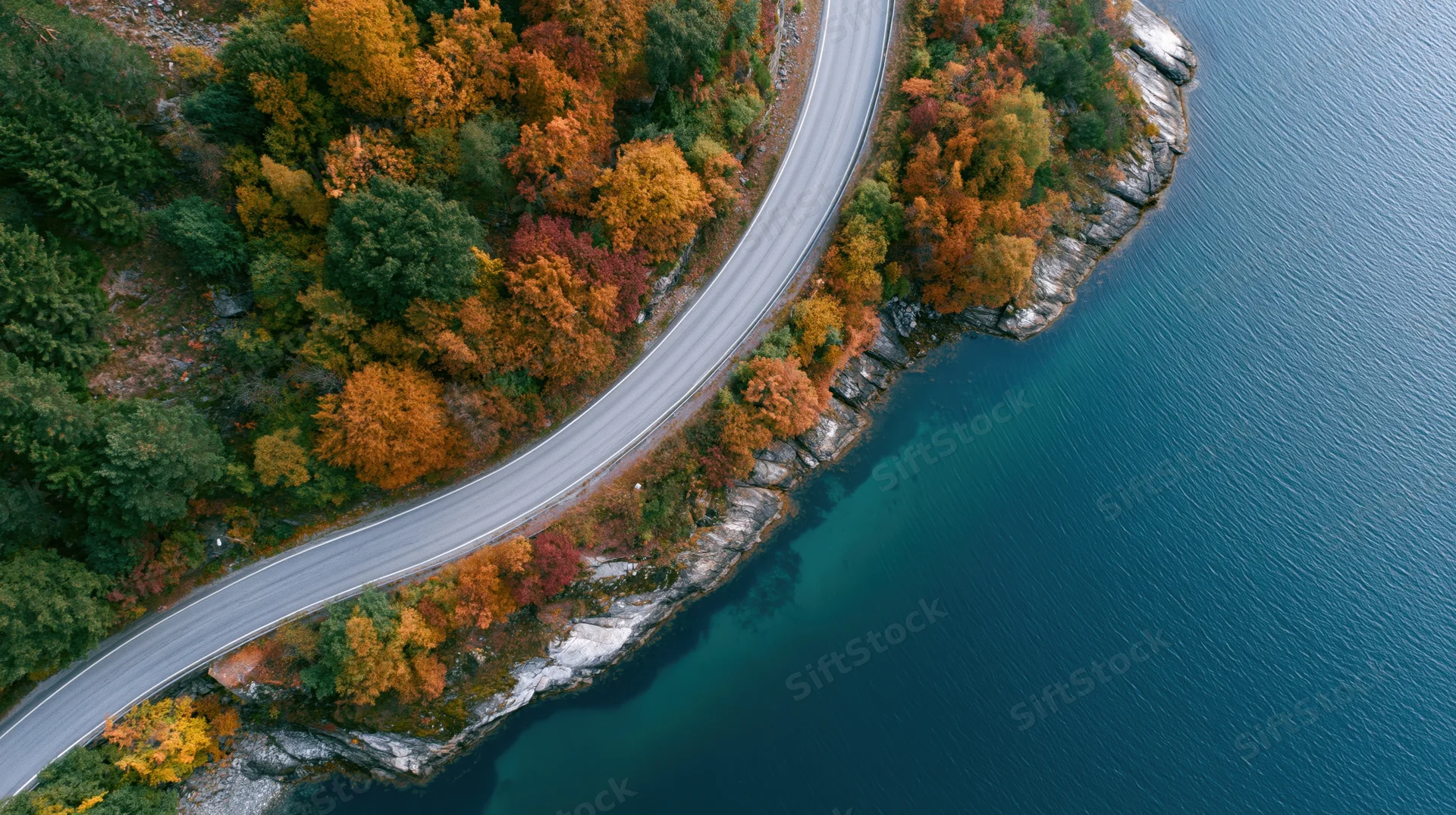 Aerial top-down view of a winding two-lane road along a forested coastline beside a lake in autumn