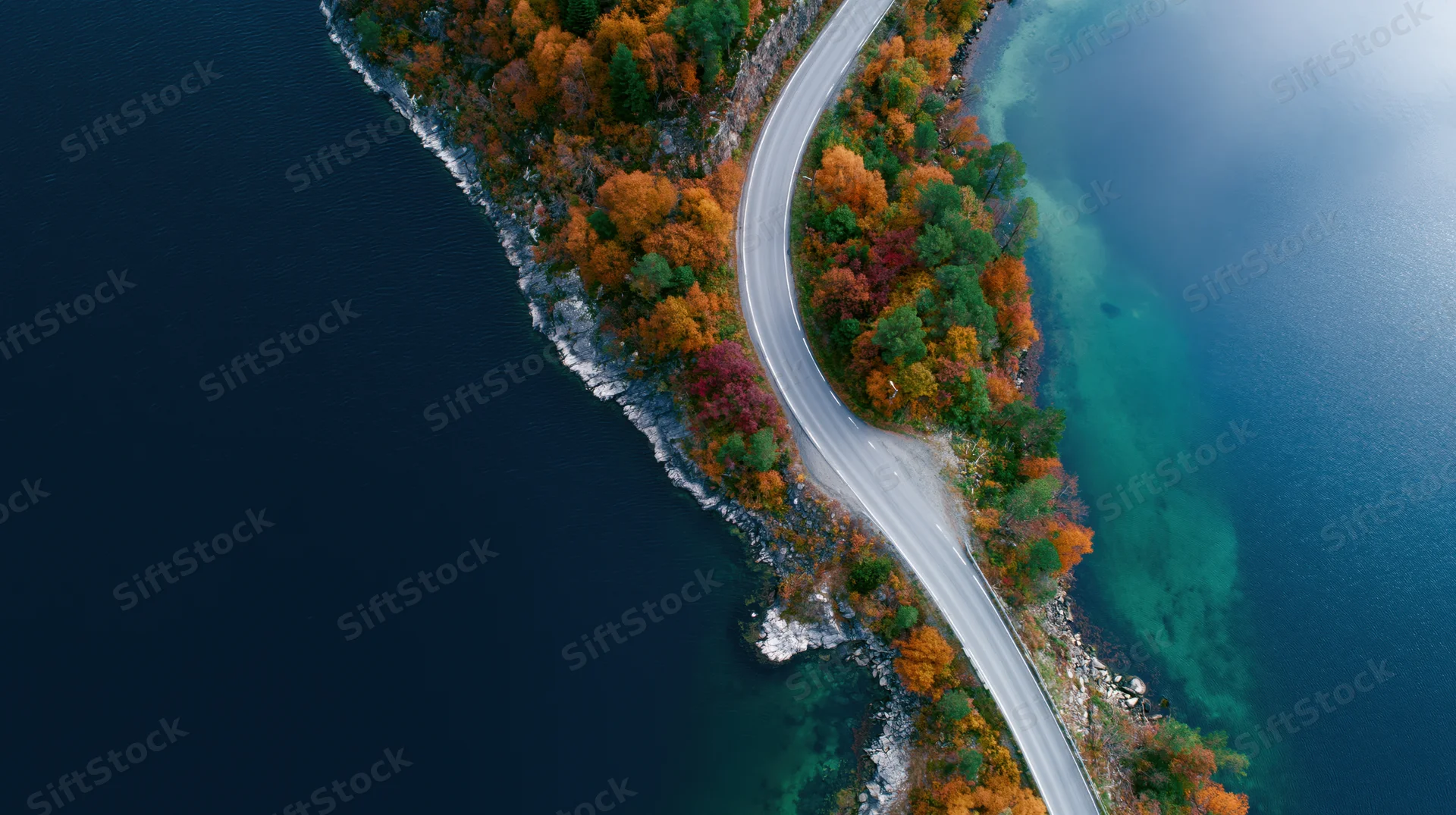 Aerial top-down view of a winding narrow two-lane road along a forested coastline with autumn foliage between dark blue water and rocky shore