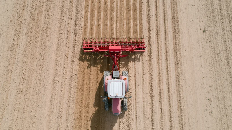 Pink and grey tractor pulling red plow across tilled field from above