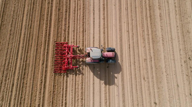 Pink and grey tractor pulling red plow across tilled field from above