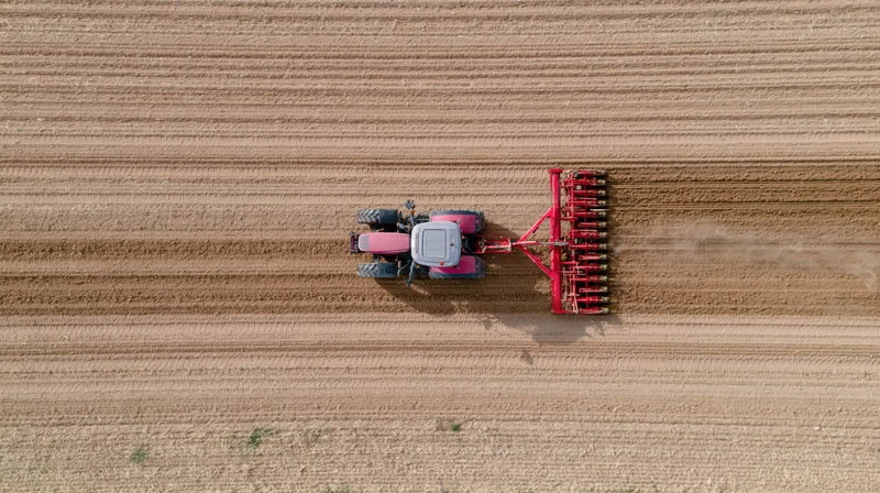 Erial drone shot of a pink tractor pulling a red implement