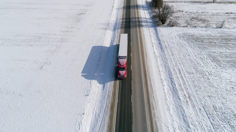 Red semi-truck driving on snow-covered highway through rural winter landscape