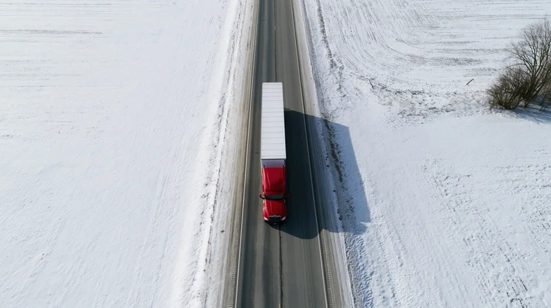Red semi-truck with white trailer driving on snow-covered highway viewed from above