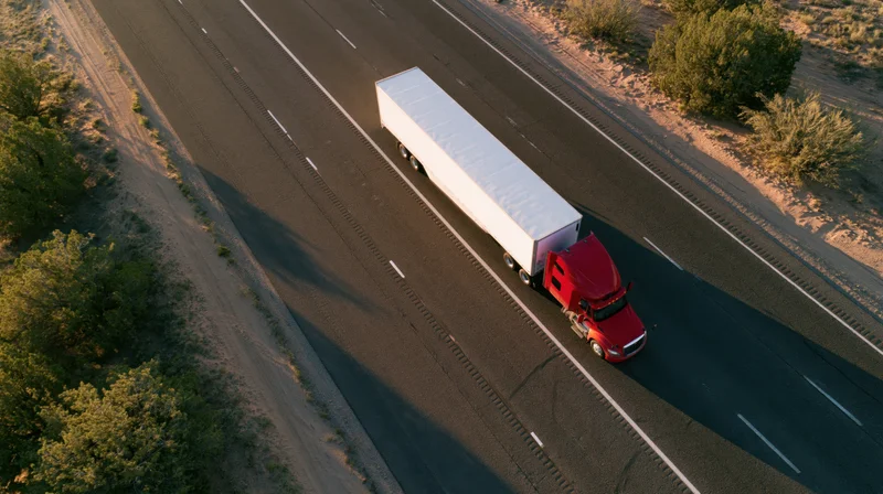 Red semi-truck hauling white trailer on highway from aerial view
