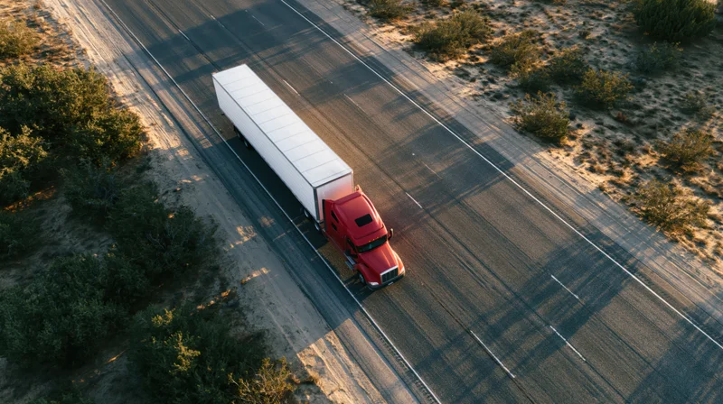 Red semi-truck with white trailer driving on desert highway from aerial top-down view