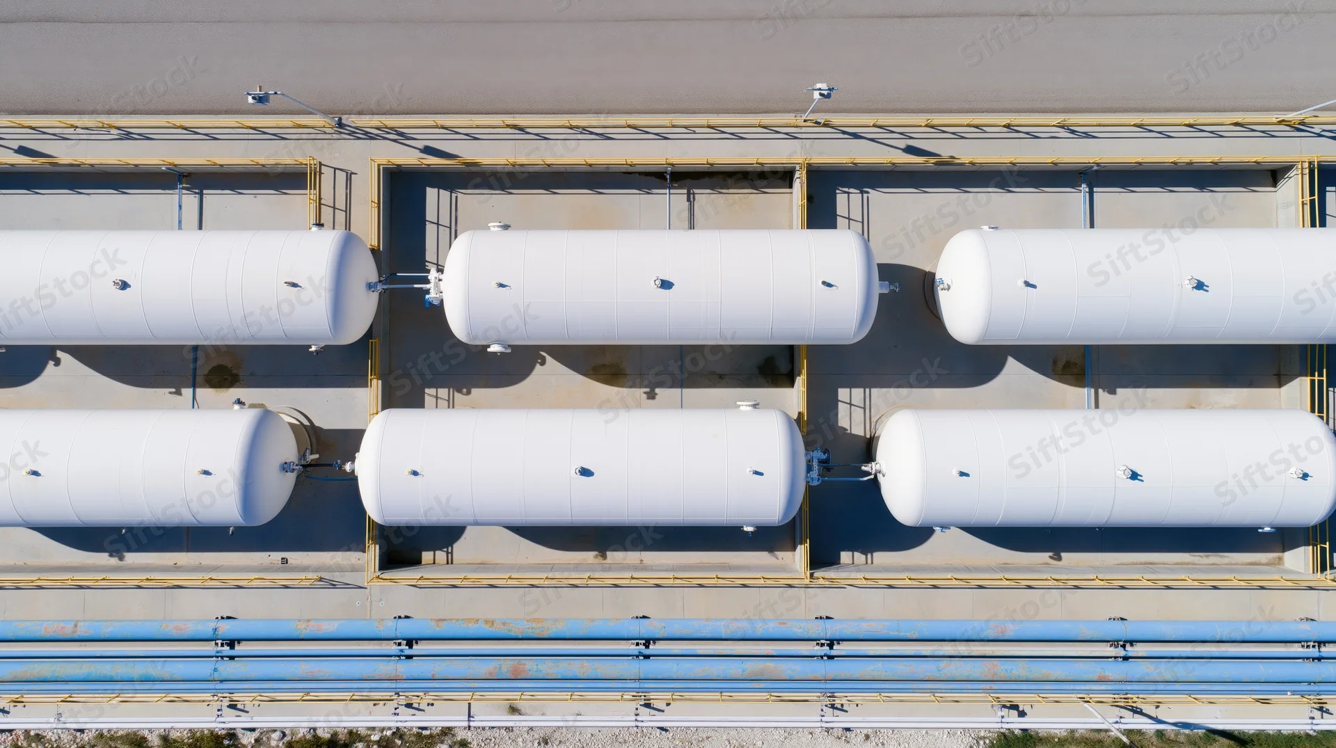 Aerial top-down view of six white cylindrical storage tanks arranged in two rows on a concrete platform with blue pipes and yellow railings