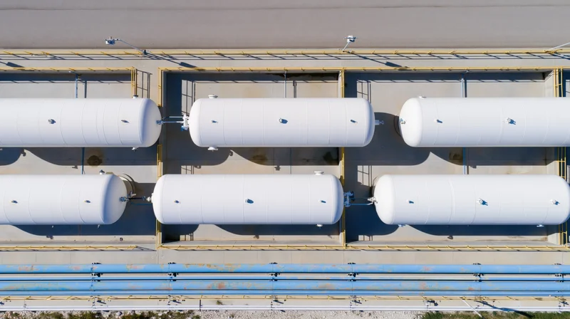 Aerial top-down view of six white cylindrical storage tanks arranged in two rows on a concrete platform with blue pipes and yellow railings
