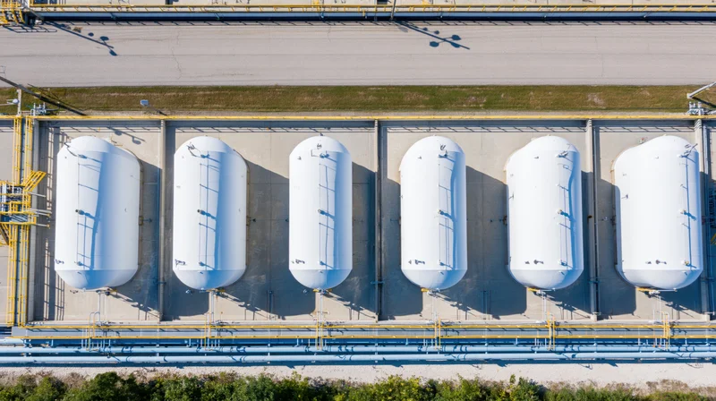 Aerial top-down view of six white cylindrical storage tanks in a row at an industrial facility