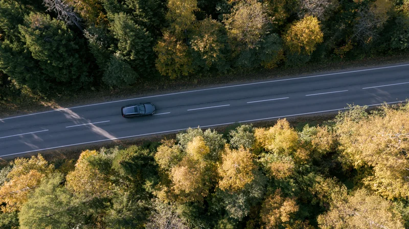 Dark suv driving on asphalt road through autumn forest from aerial top-down view