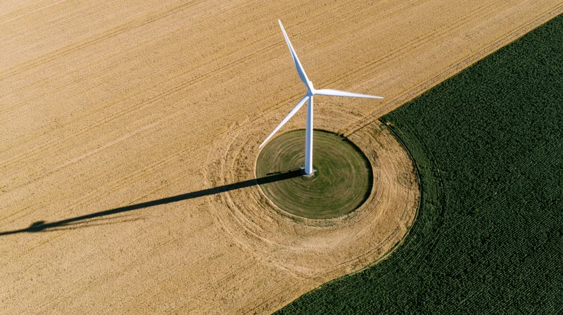 Aerial top-down view of a single white wind turbine on a farm field with golden and green crops