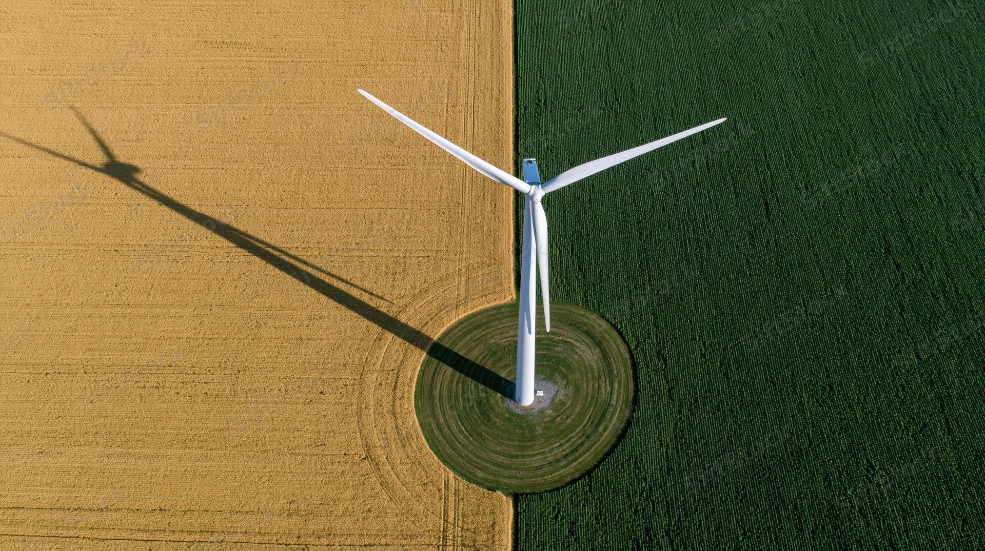 Aerial top-down view of a single white wind turbine standing between golden and green agricultural fields