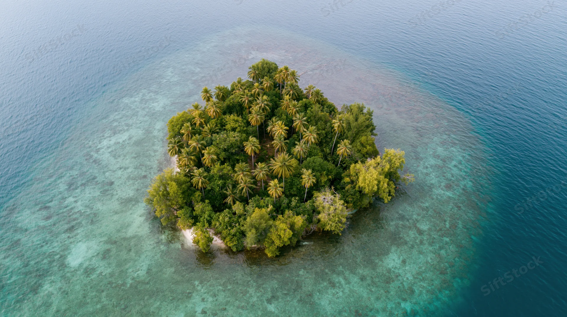 Aerial top-down view of a small tropical island surrounded by clear turquoise water and coral reef