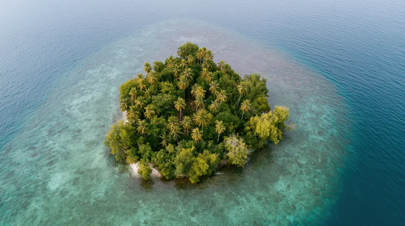 Aerial top-down view of a small tropical island surrounded by clear turquoise water and coral reef