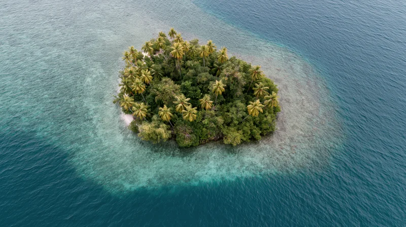 Aerial top-down view of a small tropical island surrounded by turquoise water and palm trees