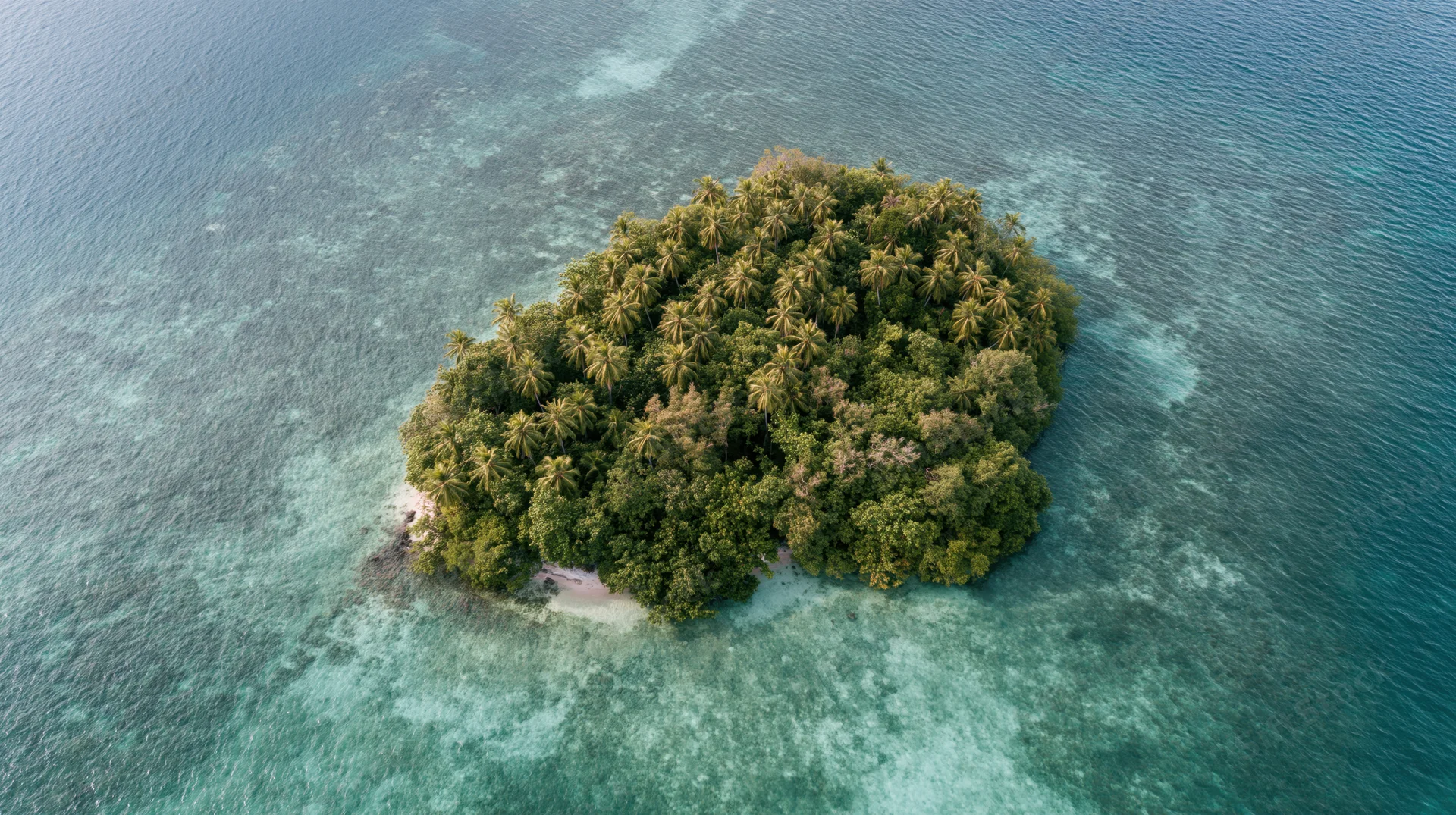 Aerial top-down view of a small tropical island surrounded by turquoise ocean and coral reef