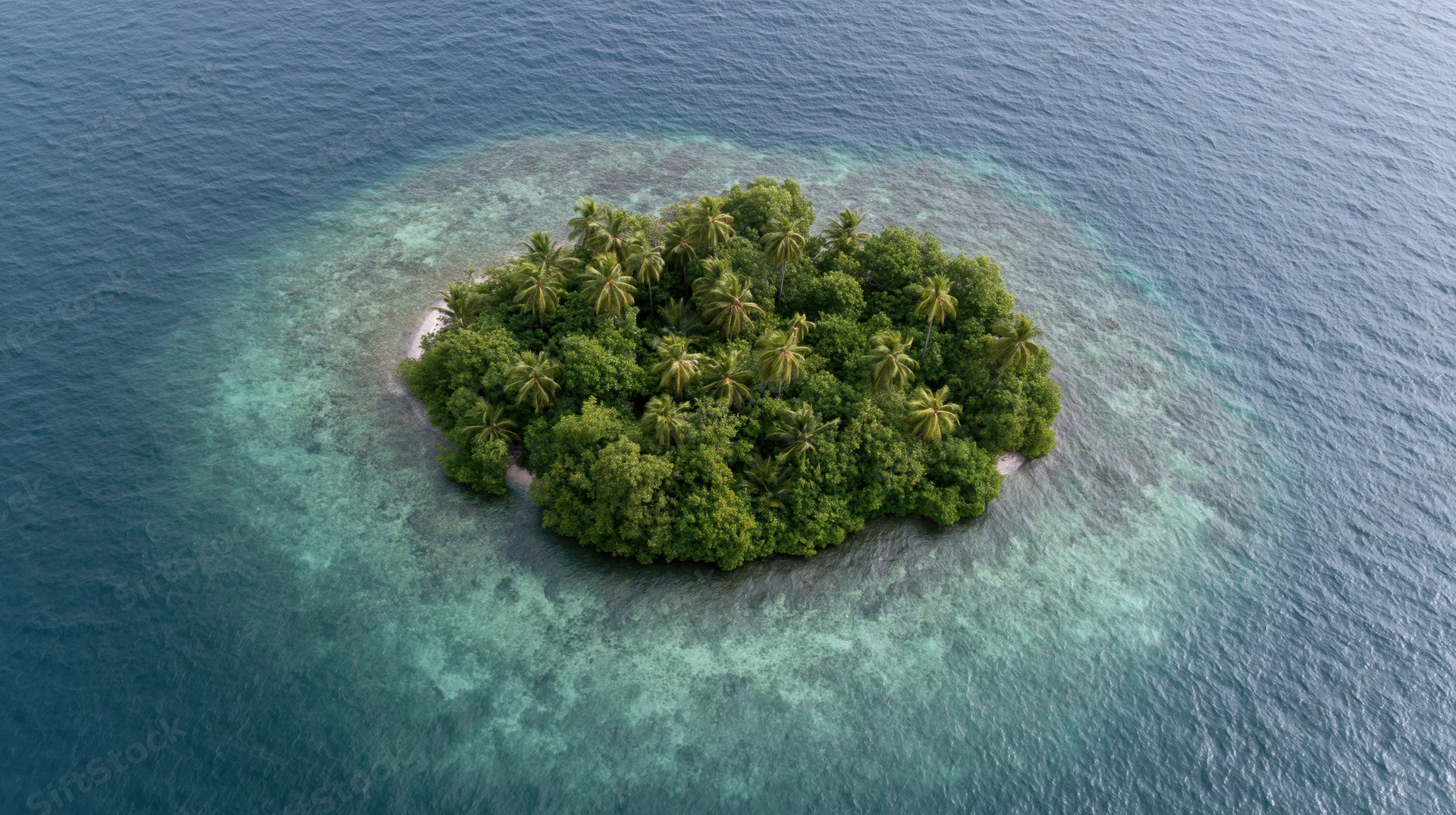 Aerial top-down view of a small tropical island surrounded by clear ocean water and coral reef