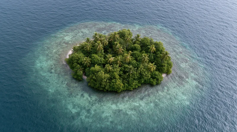 Aerial top-down view of a small tropical island surrounded by clear ocean water and coral reef