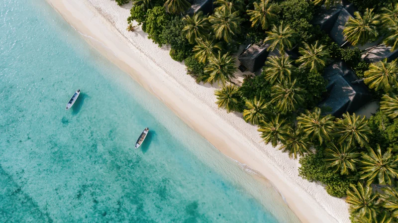 Aerial top-down view of a tropical beach resort with white sand, turquoise water, palm trees, and boats near the shoreline