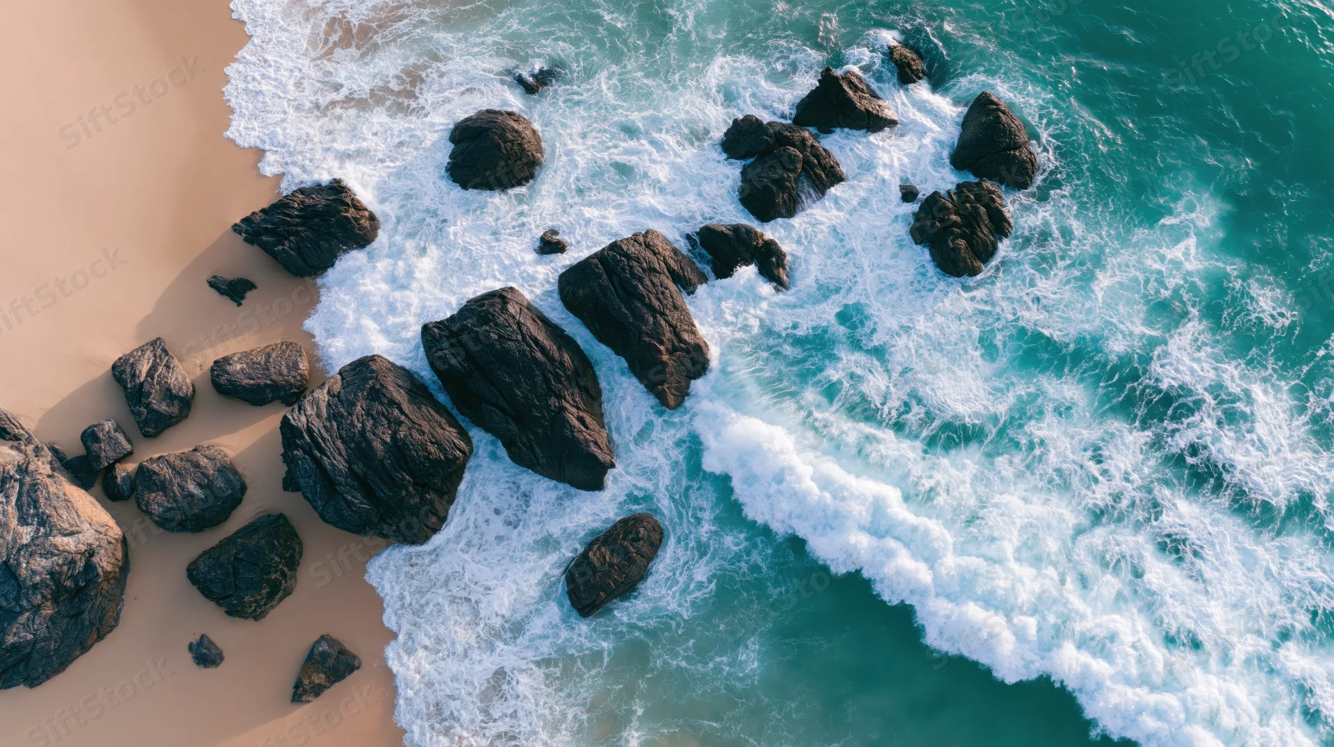 Aerial top-down view of ocean waves crashing over dark rocks along a sandy beach