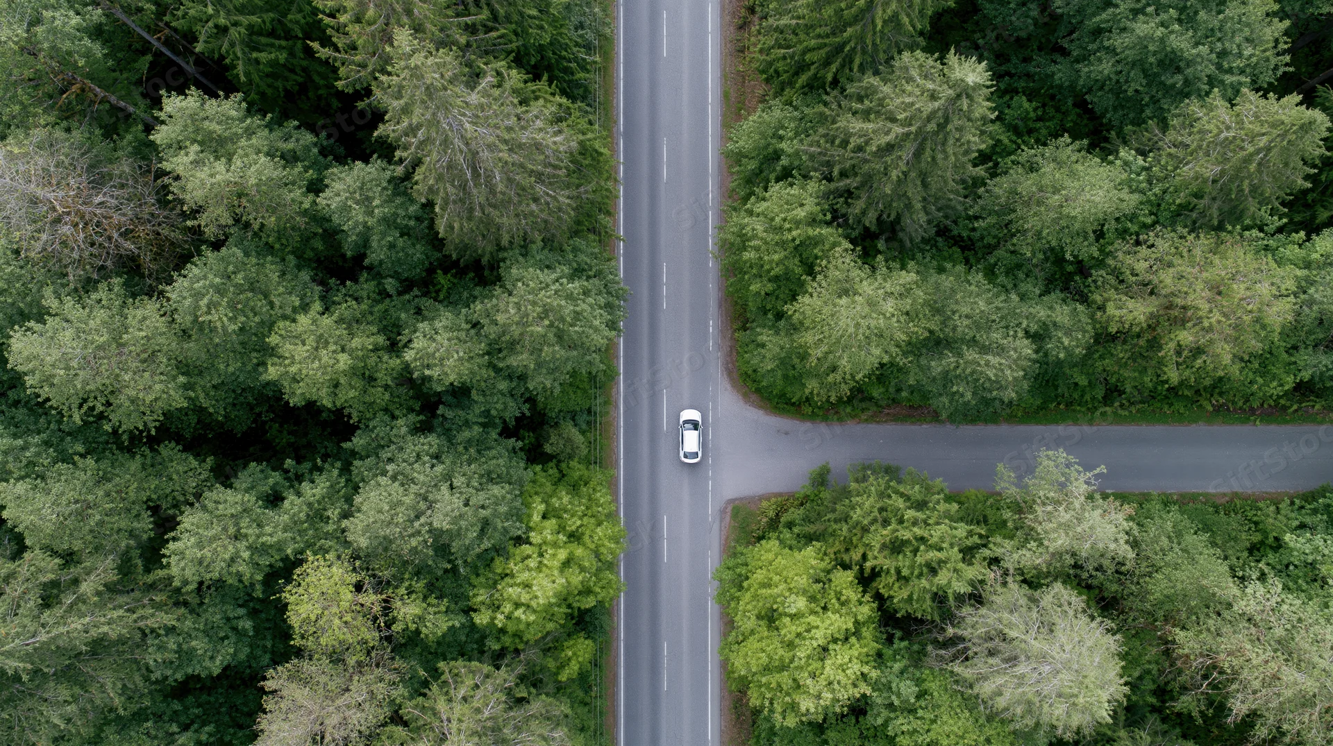 Aerial top-down view of a white car driving on a two-lane asphalt road through a dense green forest at an intersection