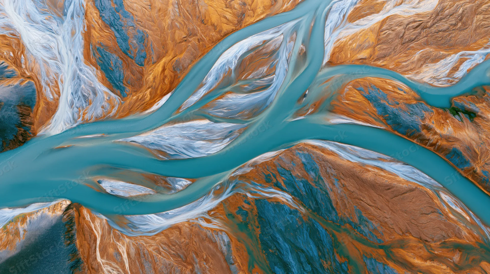 Aerial top-down view of a glacial river delta flowing through a rugged landscape with blue water and orange-brown terrain