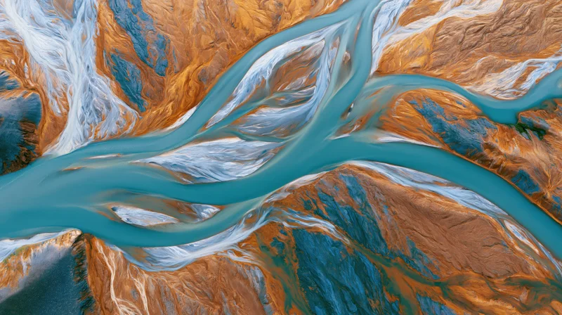 Aerial top-down view of a glacial river delta flowing through a rugged landscape with blue water and orange-brown terrain