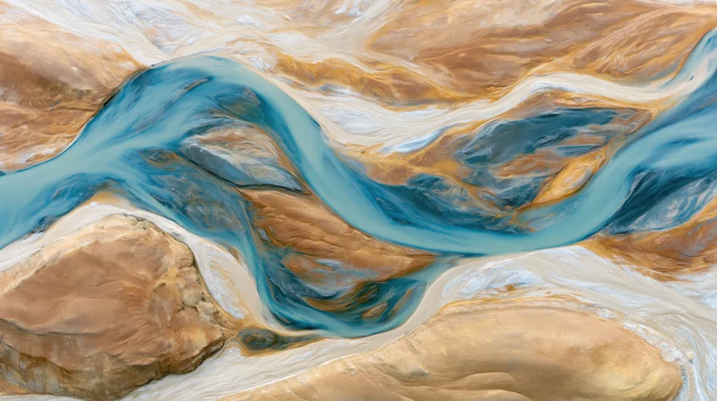 Aerial top-down view of a glacial river delta flowing through arid terrain with blue water and beige sedimentary rock formations