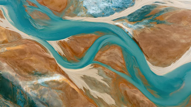 Aerial top-down view of a meandering glacial river delta flowing through arid terrain