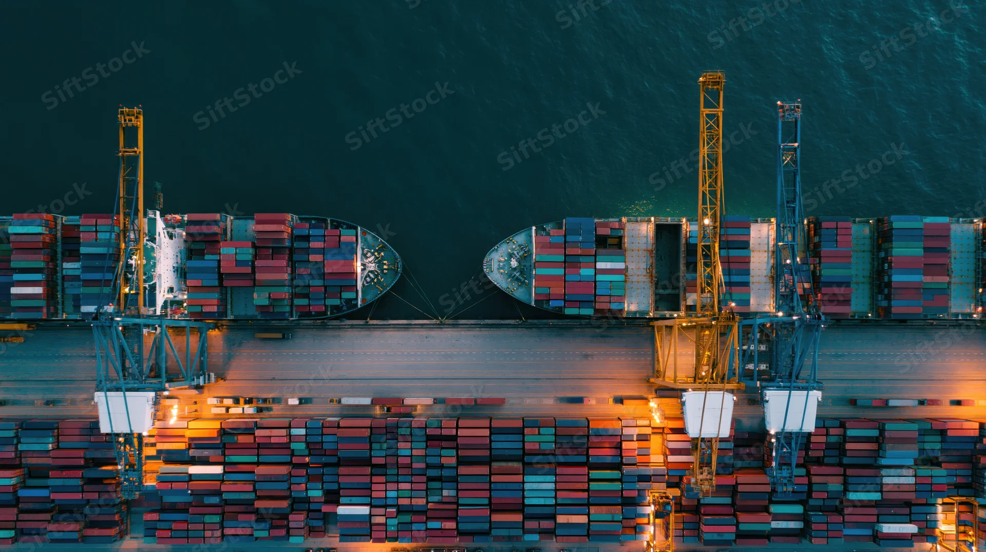 Aerial top-down view of container ships docked at a busy commercial port at night with cranes and stacked cargo containers
